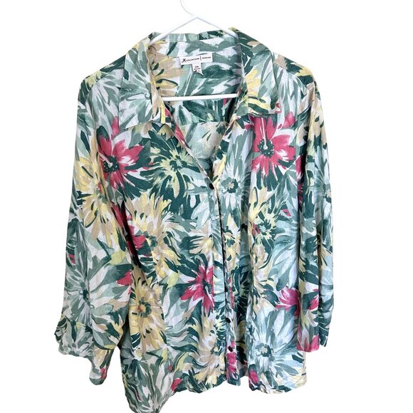 JM Collection Womans Top Plus Size 22W Floral Print Linen Button Up Tropical - Picture 1 of 8